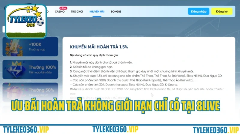 Nhà cái 8live – cá cược thể thao, game bài & ưu đãi mỗi ngày 2025 7 Ưu đãi hoàn trả không giới hạn chỉ có tại 8live